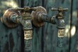 © Sri - Two weathered metal faucets mounted on a rustic wooden wall, showcasing signs of age and wear.