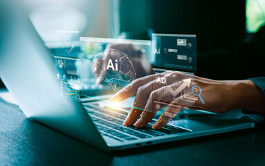 professional using ai-powered laptop and smartphone to analyze data insights and marketing analytics