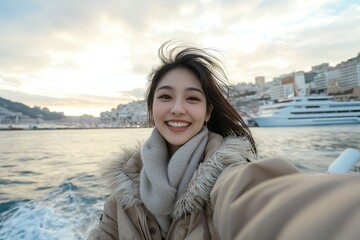 Happy young woman taking a selfie on a boat trip, with a beautiful coastal city and harbor in the background, enjoying her winter travel adventure.