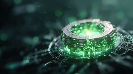 Wall Mural - abstract digital artwork featuring glowing green circular shape on dark background