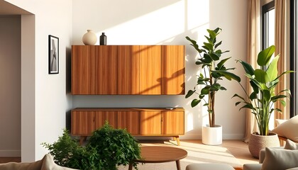 Aufkleber - A minimalist living room featuring a sleek wooden cabinet, lush green plants, and warm creating a serene and inviting interior design