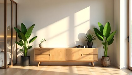 Aufkleber - A minimalist living room featuring a sleek wooden cabinet, lush green plants, and warm creating a serene and inviting interior design