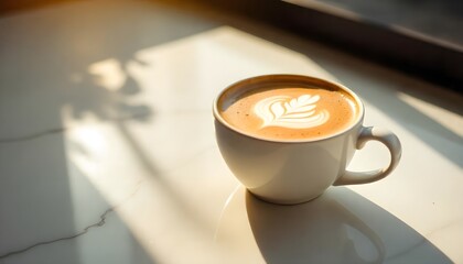 Aufkleber - A warm cup of golden latte rests on a marble countertop, bathed in soft morning sunlight, with delicate shadows dancing around it