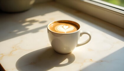 Aufkleber - A warm cup of golden latte rests on a marble countertop, bathed in soft morning sunlight, with delicate shadows dancing around it