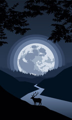 Wall Mural - moon over the mountains with a deer on the.cliff