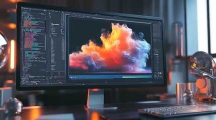 Computer Screen with Code and Abstract Artwork