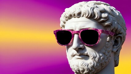 purple to yellow gradient background with a close-up Greek marble head bust on party sunglasses