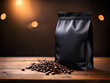 © Fachrigraphy - Roasted Coffee Beans in Elegant Black Packaging on Wooden Table with Warm Lighting