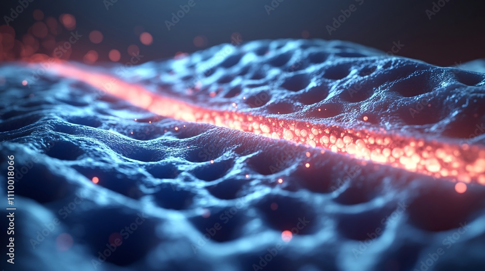 70.A close-up 3D visualization of a laser beam passing through saggy skin cells. The cross-section of the skin reveals the laser's path as it penetrates each layer, tightening and stimulating the