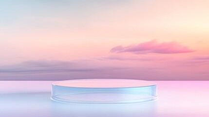Wall Mural - circular clear acrylic podium with a futuristic feel, placed in front of a light pastel-colored back