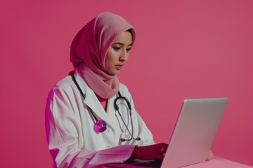 Wall Mural - young muslim woman looks in laptop beautiful girl in white suit