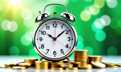 Time and money concept with alarm clock and gold coins on green background