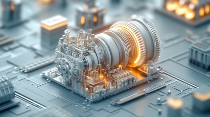 Poster - Futuristic Engine Design with Glowing Elements Set on a Circuit Board, Symbolizing Advanced Technology and Innovation in Engineering and Robotics