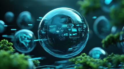 Leinwandbilder - Futuristic Digital Sphere Surrounded by Greenery Representing Technology, Nature, and Innovation in a Harmonious Blend of Nature and Digital Landscape