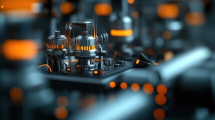Poster - Futuristic Circuit Board with Orange Highlights and Metallic Components Showcasing Advanced Technology in Modern Electronics Design