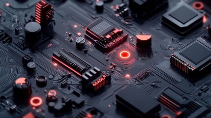 Poster - Close-Up View of a Futuristic Circuit Board with Neon Glow and Intricate Components, Perfect for Technology and Innovation Themes in Digital Media and Designs