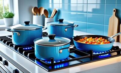 Modern kitchen scene with blue cookware on stove featuring cooking vegetables