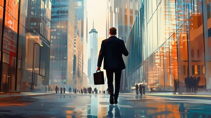 Fototapete - Businessman Walking Through Modern City Streetscape