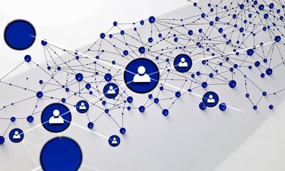 Wall Mural - network of people: interconnected nodes & person icons in blue, abstract connection concept.