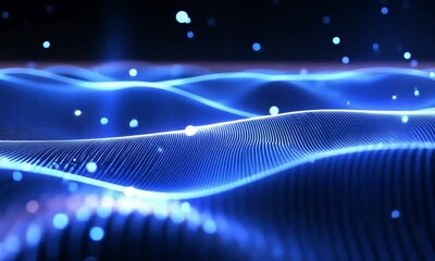 Wall Mural - abstract blue digital waves with luminous particles.