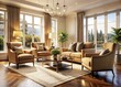 © chaowalit - Elegant Camel Accent Chairs, White Cushions, Transitional Living Room, Panoramic View