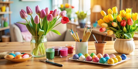 Wall Mural - Easter Egg Painting Kitchen Table Tulips Copy Space