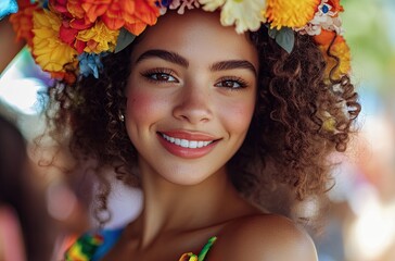 A close-up portrait of an attractive young woman with curly hair, wearing colorful attire and flowers in her hairstyle at the Carnival party