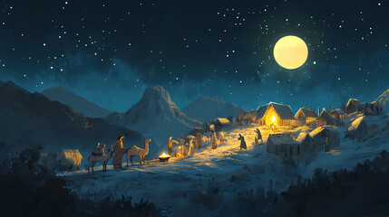 nativity scene with the holy family, shepherds, and camels under the night sky illuminated by the st