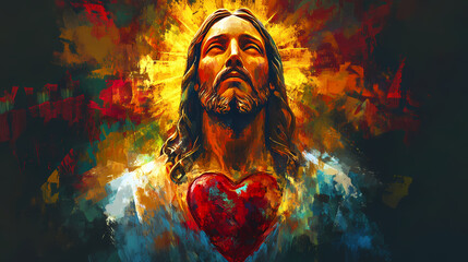 Wall Mural - Oil painting artistic image of sacred heart of jesus christ. generative ai. Sacred. Illustration