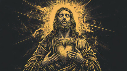 Wall Mural - Sacred heart of the lord, jesus christ with immaculate heart. Sacred. Illustration