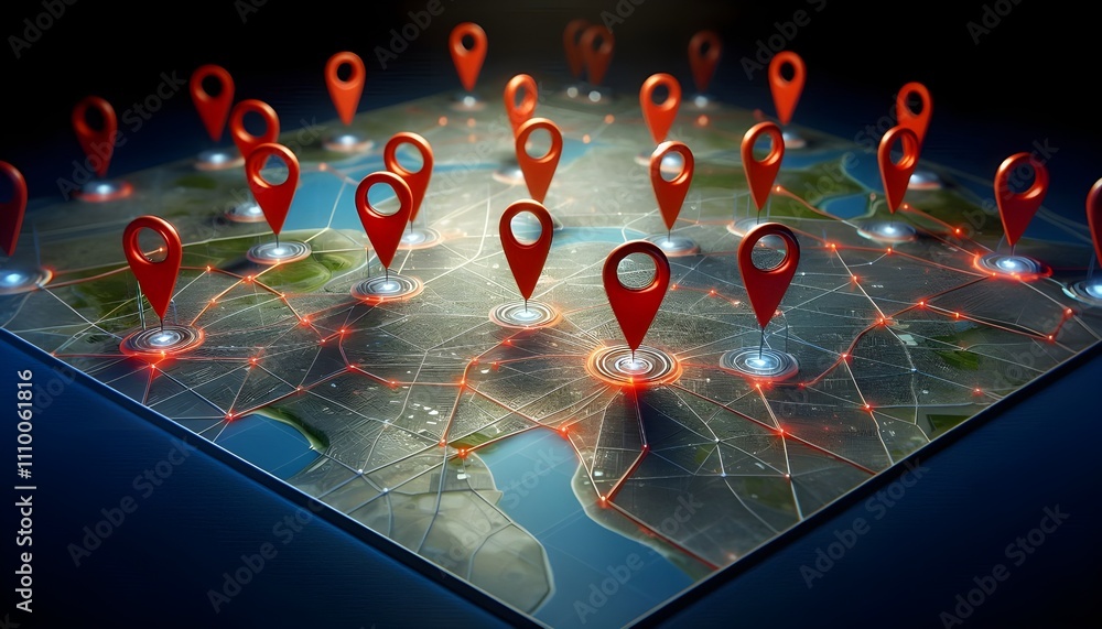 3d map with red location pins and network lines illustrating gis ...