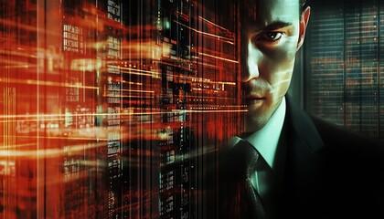 Man in Suit Overlays Digital Data Stream