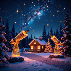 Wall Mural - stargazing holiday retreat amidst snowy pines and twinkling stars, digital art of fantasy landscape 