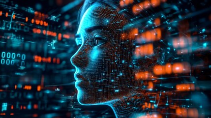 Close-up human face futuristic interface background is made Programming coding and woma