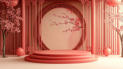 Wall Mural - the circular podium is red, and the background wall features elements of traditional chinese archite