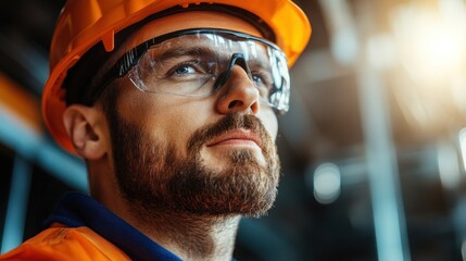 Wall Mural - construction worker wearing an orange hard hat and protective glasses focuses intently on his surroundings at the construction site during evening hours