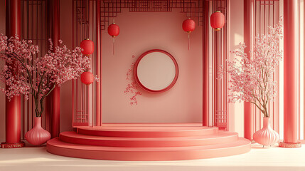 Wall Mural - the circular podium is red, and the background wall features elements of traditional chinese archite
