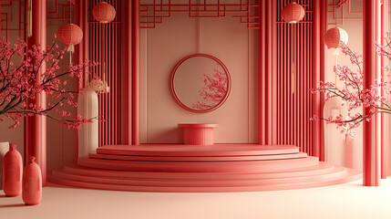 Wall Mural - the circular podium is red, and the background wall features elements of traditional chinese archite