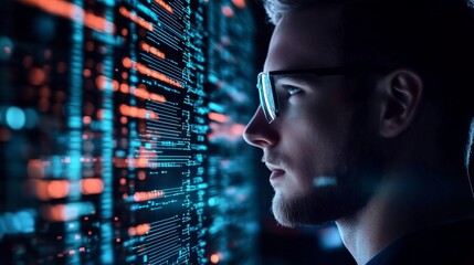 Man face foreground futuristic interface background appears Programming coding