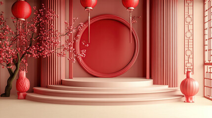 Wall Mural - the circular podium is red, and the background wall features elements of traditional chinese archite
