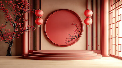 Wall Mural - the circular podium is red, and the background wall features elements of traditional chinese archite