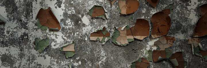 Wall Mural - Peeling paint on the wall. Panorama of a concrete wall with old cracked flaking paint. Weathered rough painted surface with patterns of cracks and peeling. Wide panoramic texture for design background