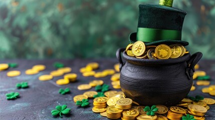 Leprechauns pot of gold with green bow and hat