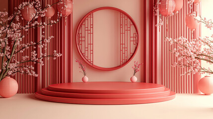 Wall Mural - the circular podium is red, and the background wall features elements of traditional chinese archite
