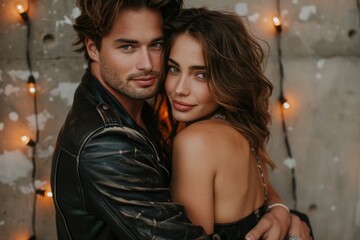 Wall Mural - couple posing close together in front of string lights