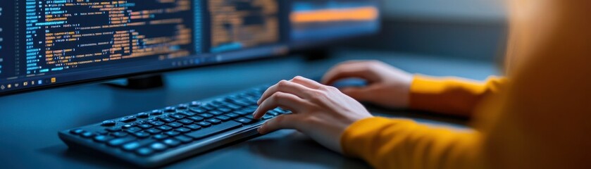 Focused Programmer Writing Code on Keyboard in a Modern Workspace with Computer Screen Displaying Lines of Code and Technology Interface