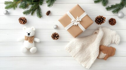 Wall Mural - A top view of a festive Christmas and New Year setup with a gift box, knitted blanket, pine cones, and fir branches on a rustic white wooden background.