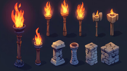 Hands holding medieval torches. Cartoon vector fiery flames illuminate decorative stone, wood and metal holders for game ui design showing character movement with light sources. Flambeau stick set