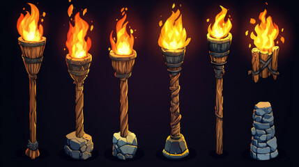 Hands holding medieval torches. Cartoon vector fiery flames illuminate decorative stone, wood and metal holders for game ui design showing character movement with light sources. Flambeau stick set