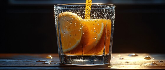 A refreshing drink with orange slices and bubbles in a glass, illuminated by soft light.